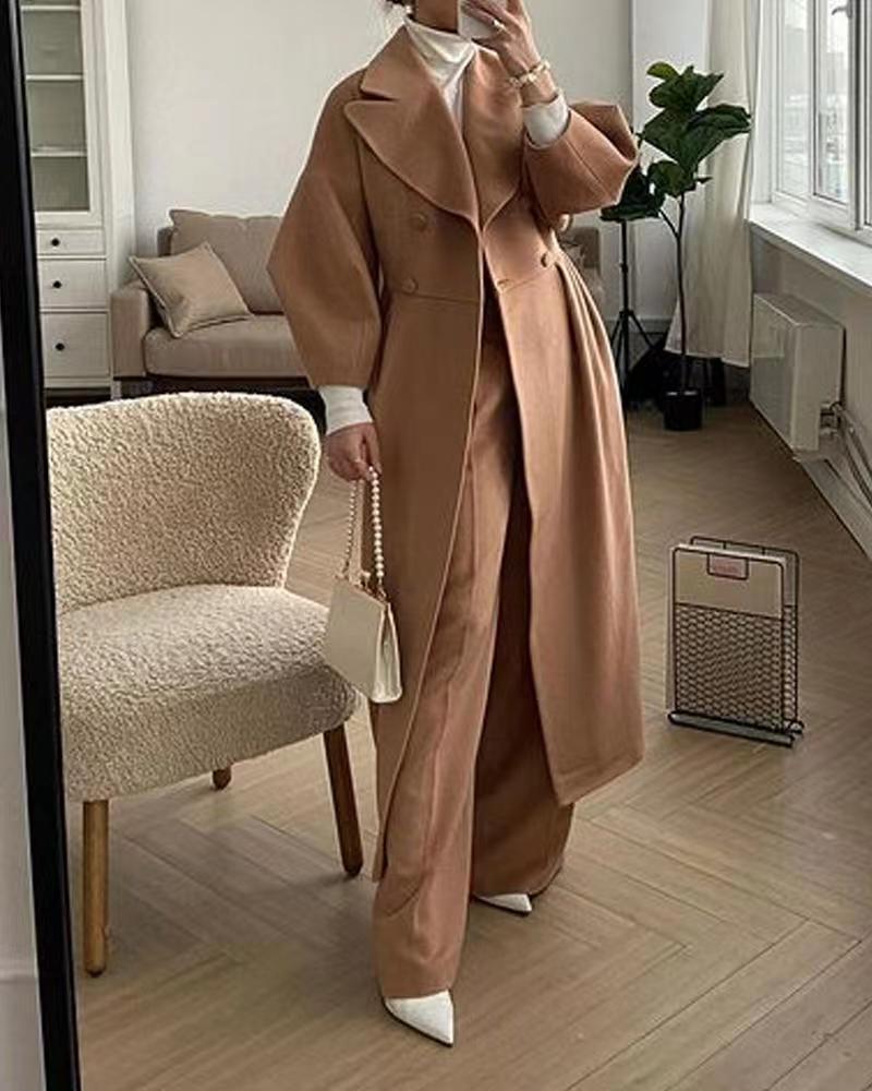 NOUVEAU RICHE Trenchcoat Damen Lang Reverskragen Laternenärmel Elegant Kamel