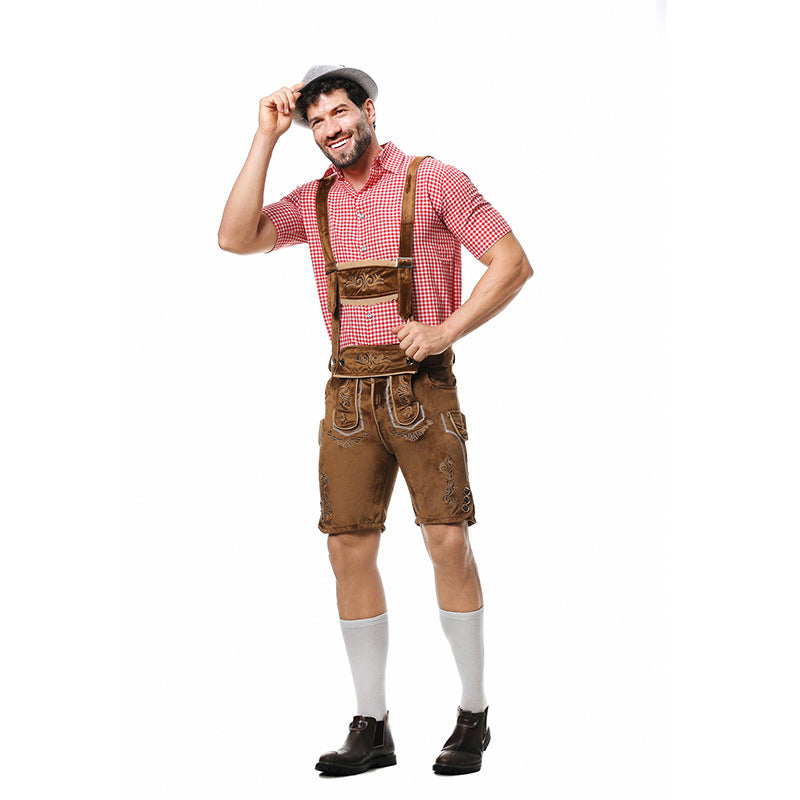 Bayerisches Kostümset für Herren – Trachten Set mit Lederhose, Kariertem Hemd & Hut, Oktoberfest Outfit, M–2XL