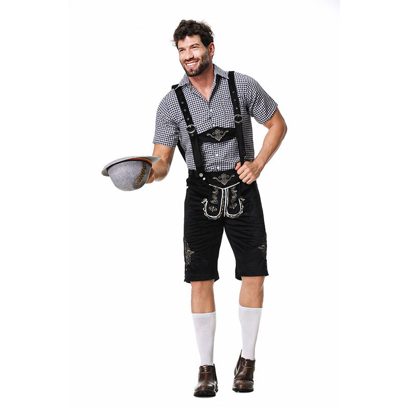 Bayerisches Kostümset für Herren – Trachten Set mit Lederhose, Kariertem Hemd & Hut, Oktoberfest Outfit, M–2XL