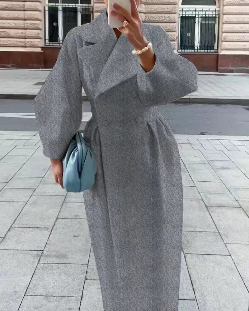 NOUVEAU RICHE Trenchcoat Damen Lang Reverskragen Laternenärmel Elegant Grau