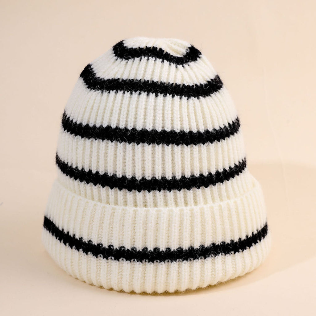 NOUVEAU RICHE Dôre | Damen Beanie-Mütze gestreift mit weichem Innenfutter Weiß L