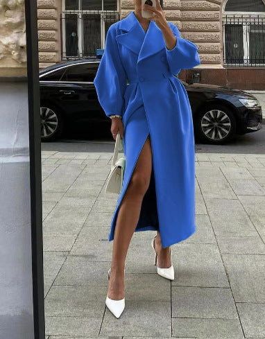 NOUVEAU RICHE Trenchcoat Damen Lang Reverskragen Laternenärmel Elegant Blau