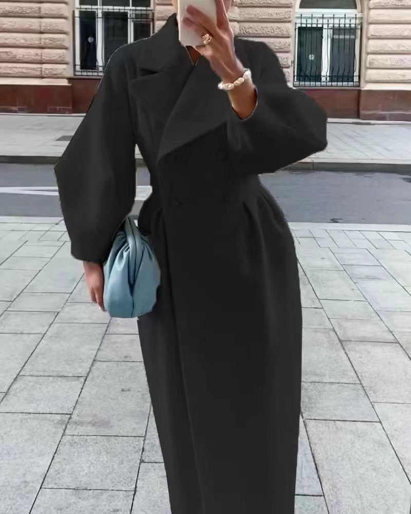 NOUVEAU RICHE Trenchcoat Damen Lang Reverskragen Laternenärmel Elegant Schwarz
