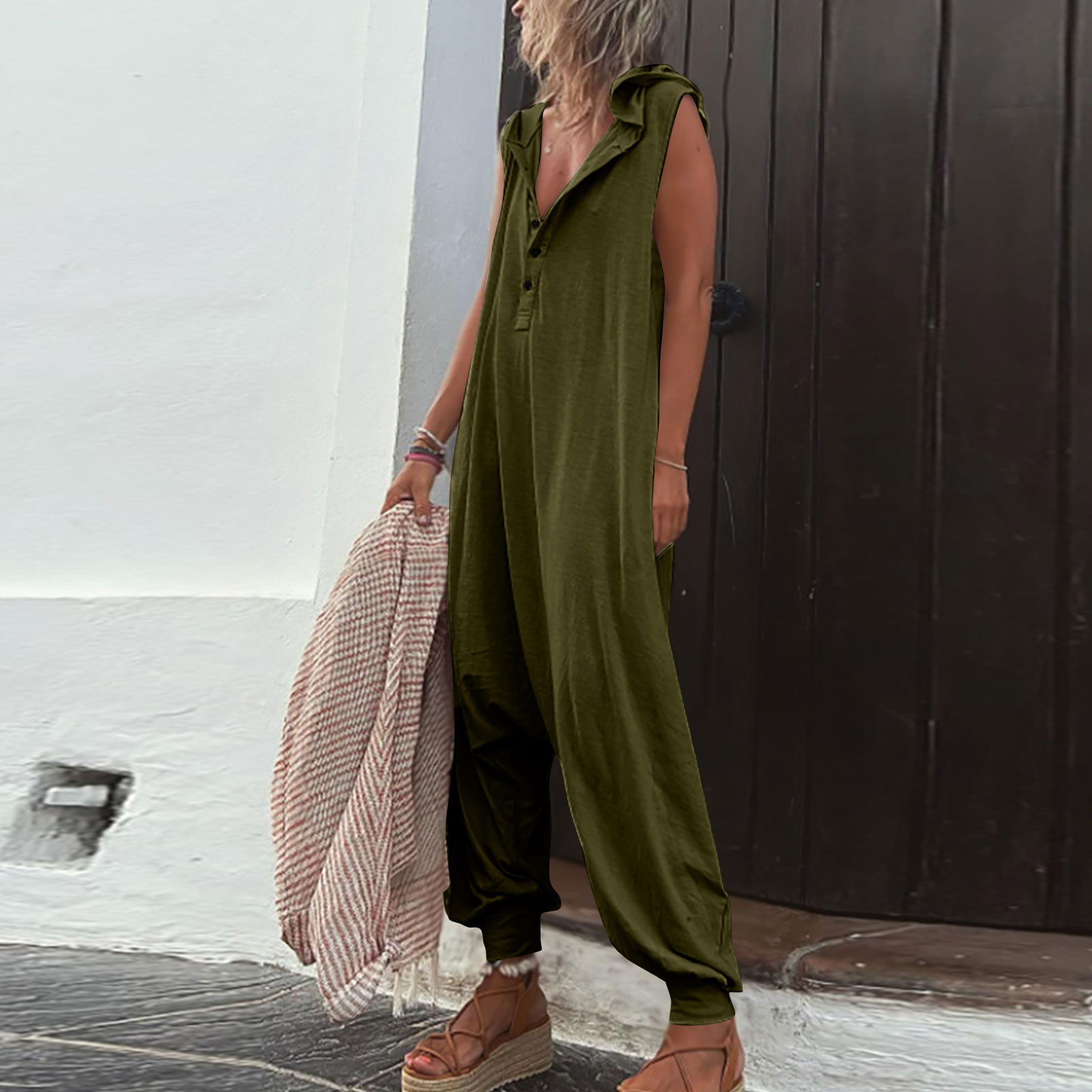 NOUVEAU RICHE Jumpsuit Damen Ärmelloser Leichter Stoff Ideal Für Alltag Grün