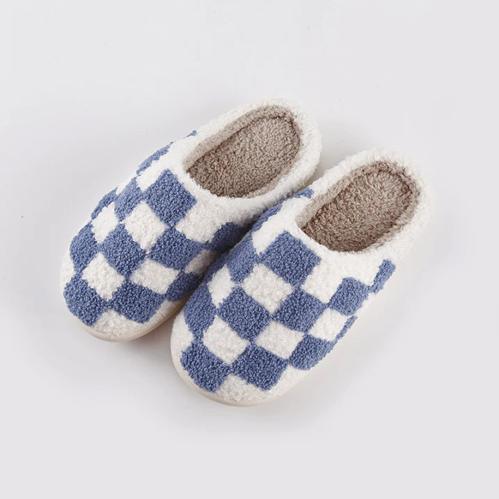 NOUVEAU RICHE Unisex Drinnen Hausschuhe Schachbrettmuster Warme Innenfutter Blau