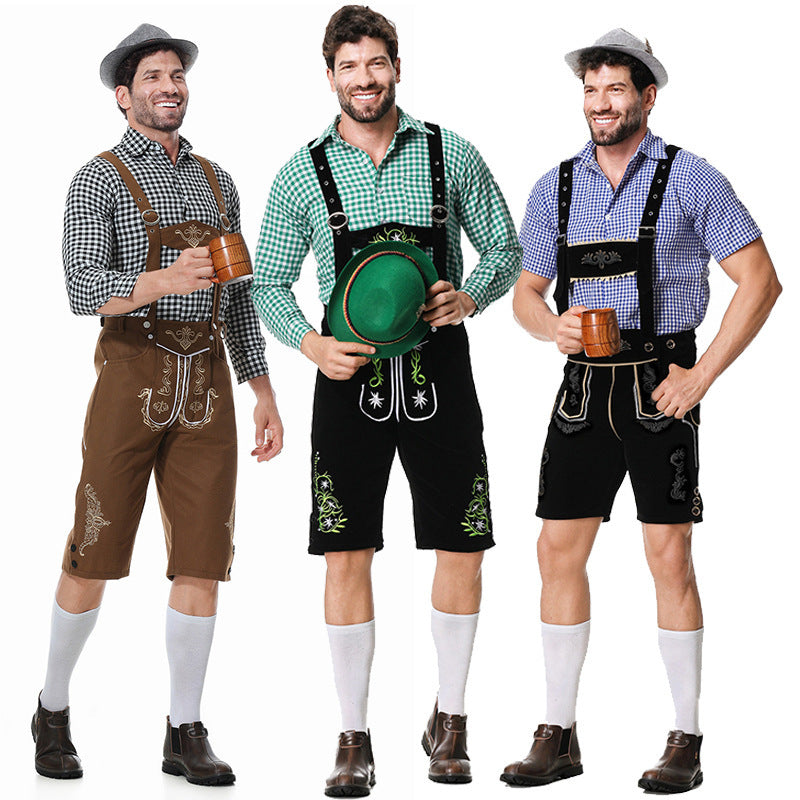 Bayerisches Kostümset für Herren – Trachten Set mit Lederhose, Kariertem Hemd & Hut, Oktoberfest Outfit, M–2XL