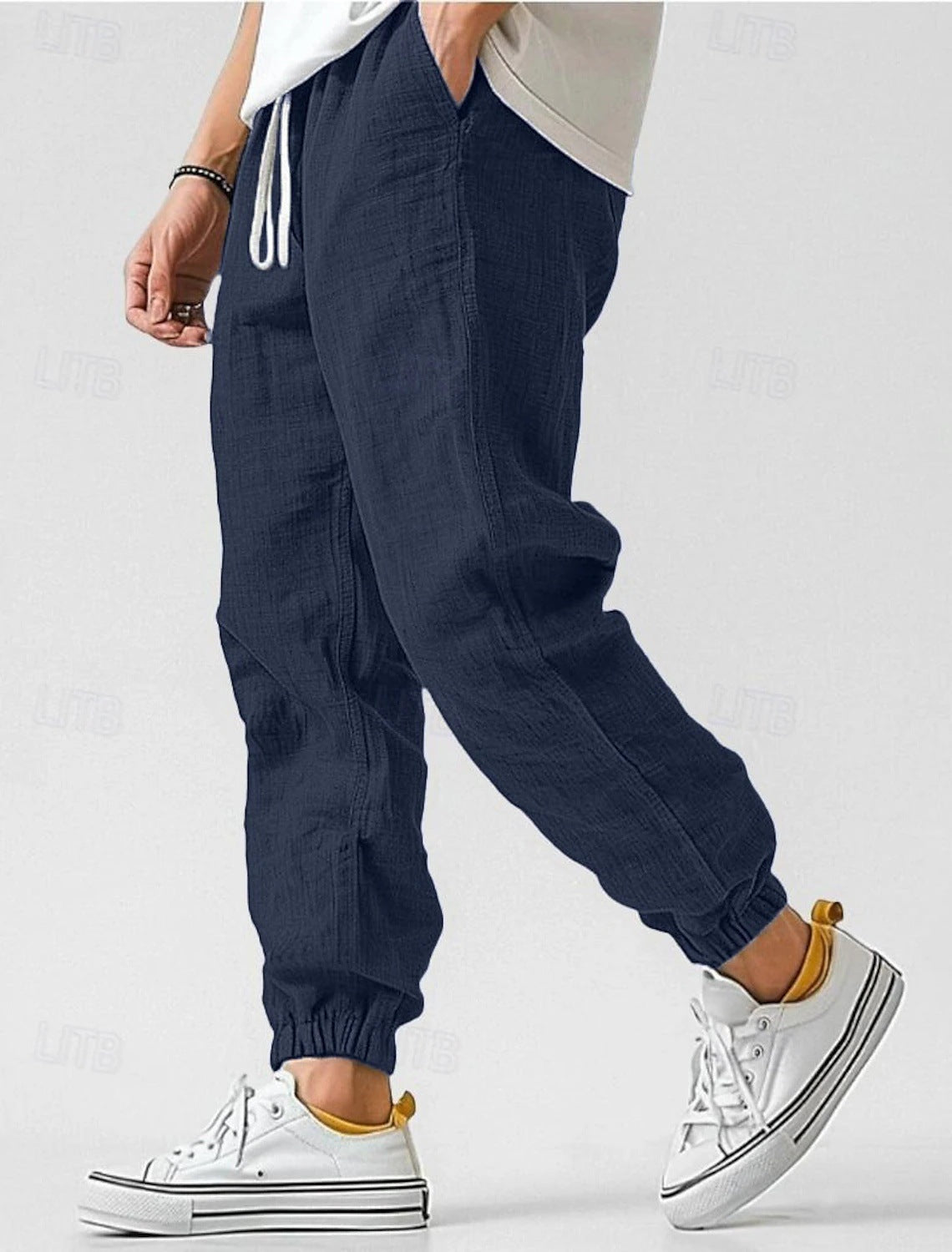 NOUVEAU RICHE Leinen Cargohose Herren Atmungsaktiv Hoher Bund Kordelzug Dunkelblau