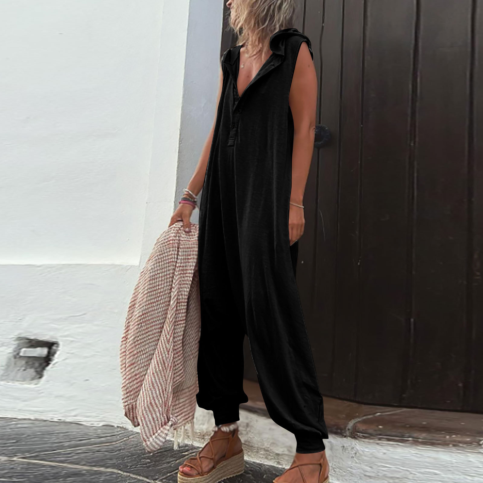 NOUVEAU RICHE Jumpsuit Damen Ärmelloser Leichter Stoff Ideal Für Alltag Schwarz
