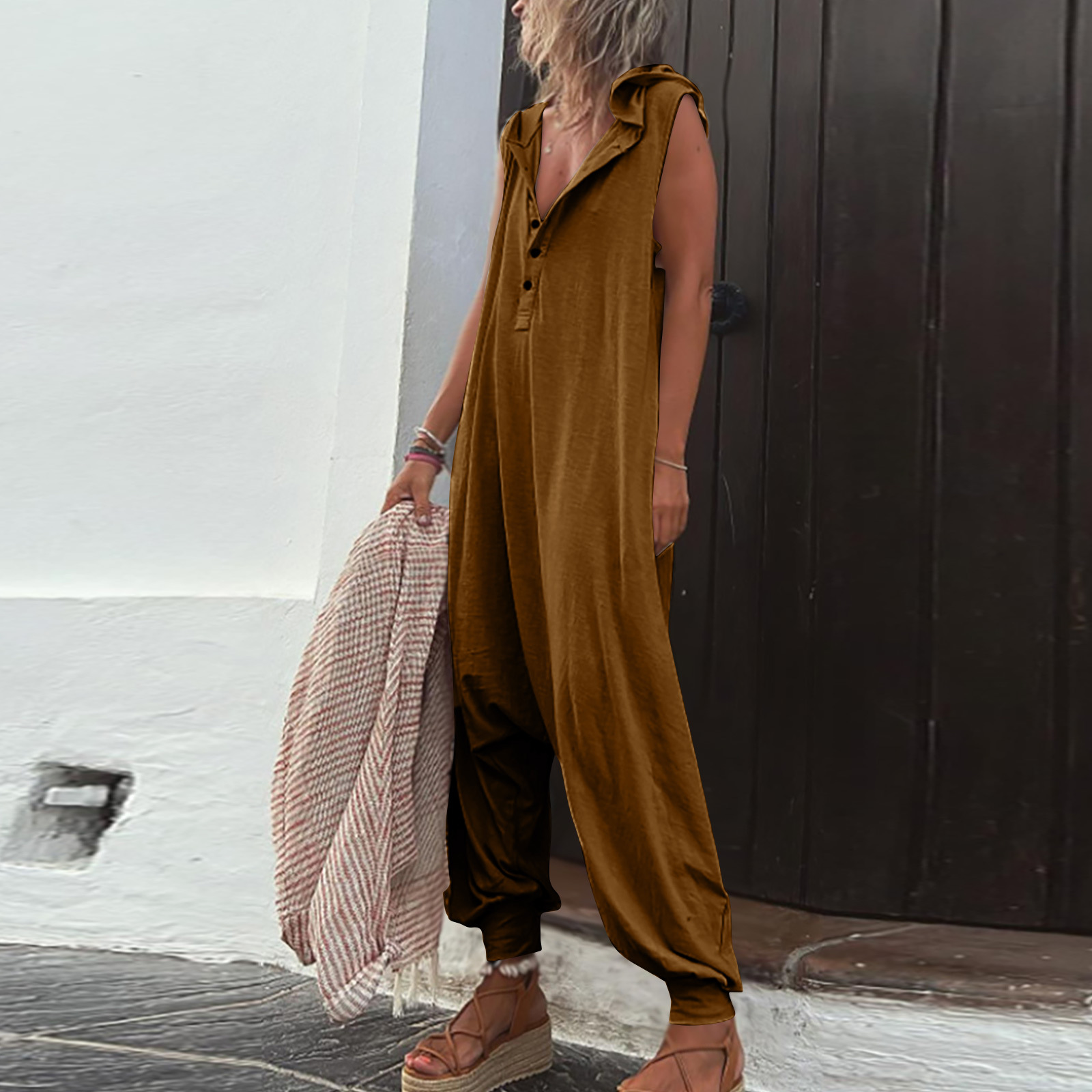 NOUVEAU RICHE Jumpsuit Damen Ärmelloser Leichter Stoff Ideal Für Alltag Braun