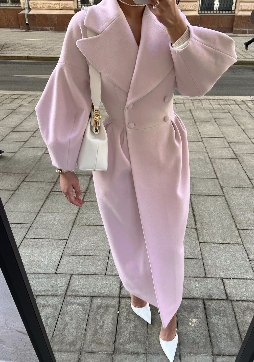 NOUVEAU RICHE Trenchcoat Damen Lang Reverskragen Laternenärmel Elegant Rosa