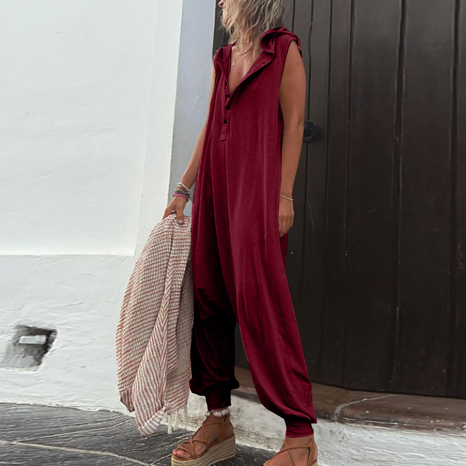 NOUVEAU RICHE Jumpsuit Damen Ärmelloser Leichter Stoff Ideal Für Alltag Rot