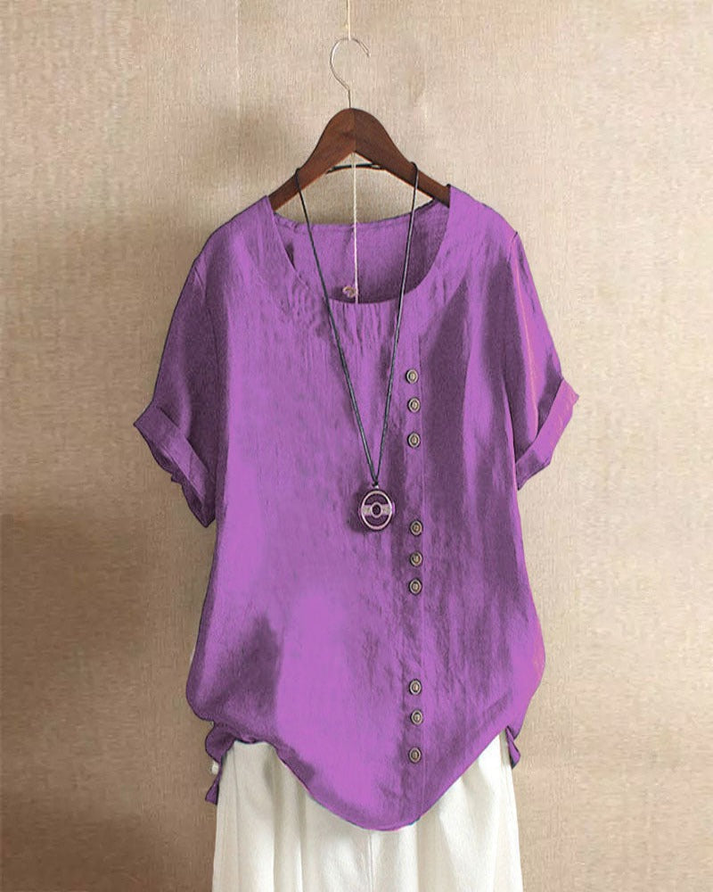 NOUVEAU RICHE Damen Kurzarm-Bluse Baumwolle Weiche Vielseitige Eleganz Lila