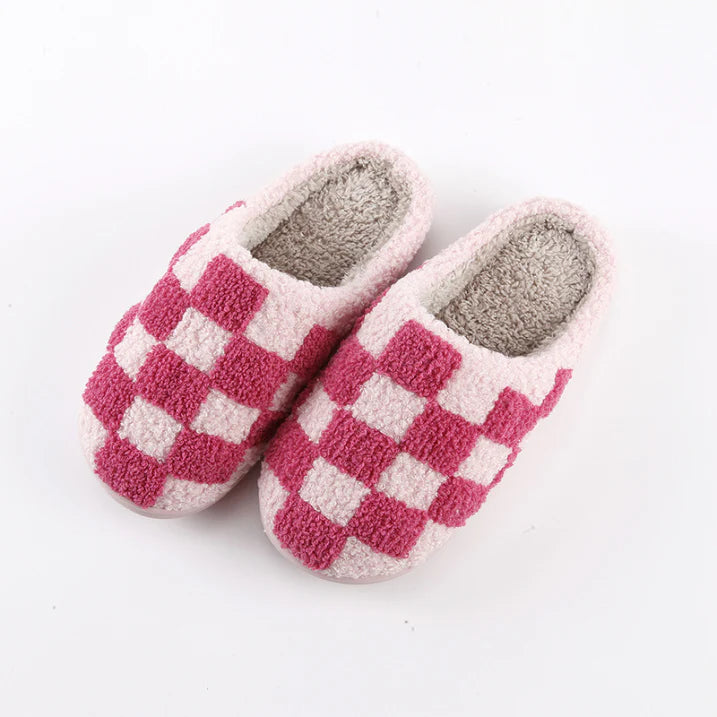 NOUVEAU RICHE Unisex Drinnen Hausschuhe Schachbrettmuster Warme Innenfutter Rosa