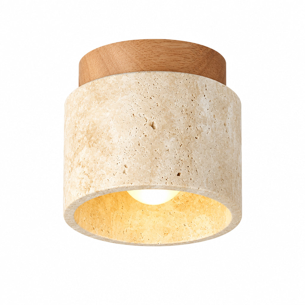 NOUVEAU RICHE Rustikale Travertin-Deckenleuchte – Wabi-Sabi Deckenlampe aus Stein & Holz, Japandi Leuchte, Walnuss oder Holz – TravaGlow Holz