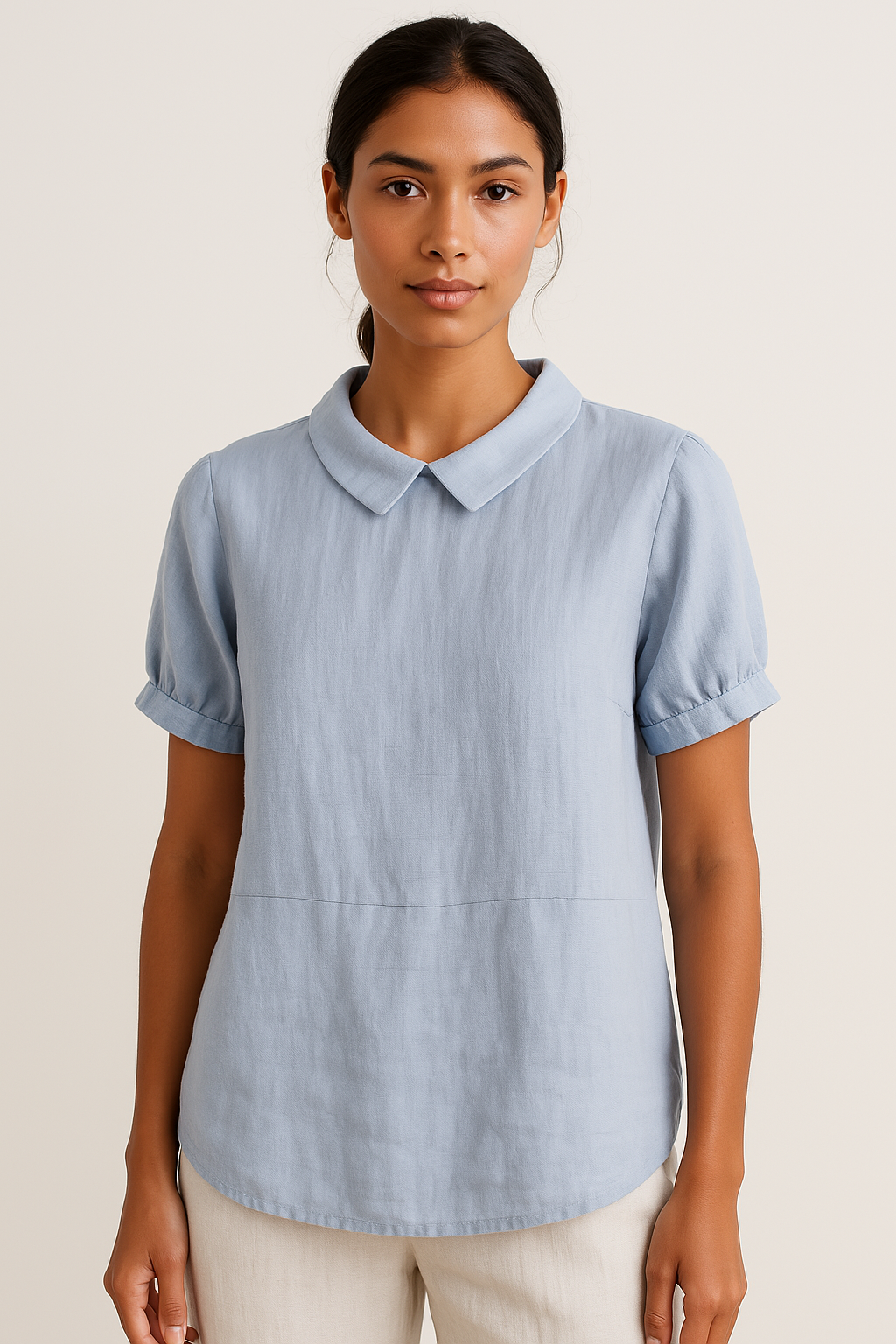 NOUVEAU RICHE Leinenbluse Damen Kurzarm Bubikragen Luftig Sommer Leicht