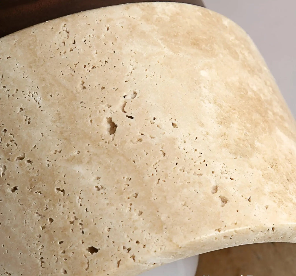 NOUVEAU RICHE Rustikale Travertin-Deckenleuchte – Wabi-Sabi Deckenlampe aus Stein & Holz, Japandi Leuchte, Walnuss oder Holz – TravaGlow