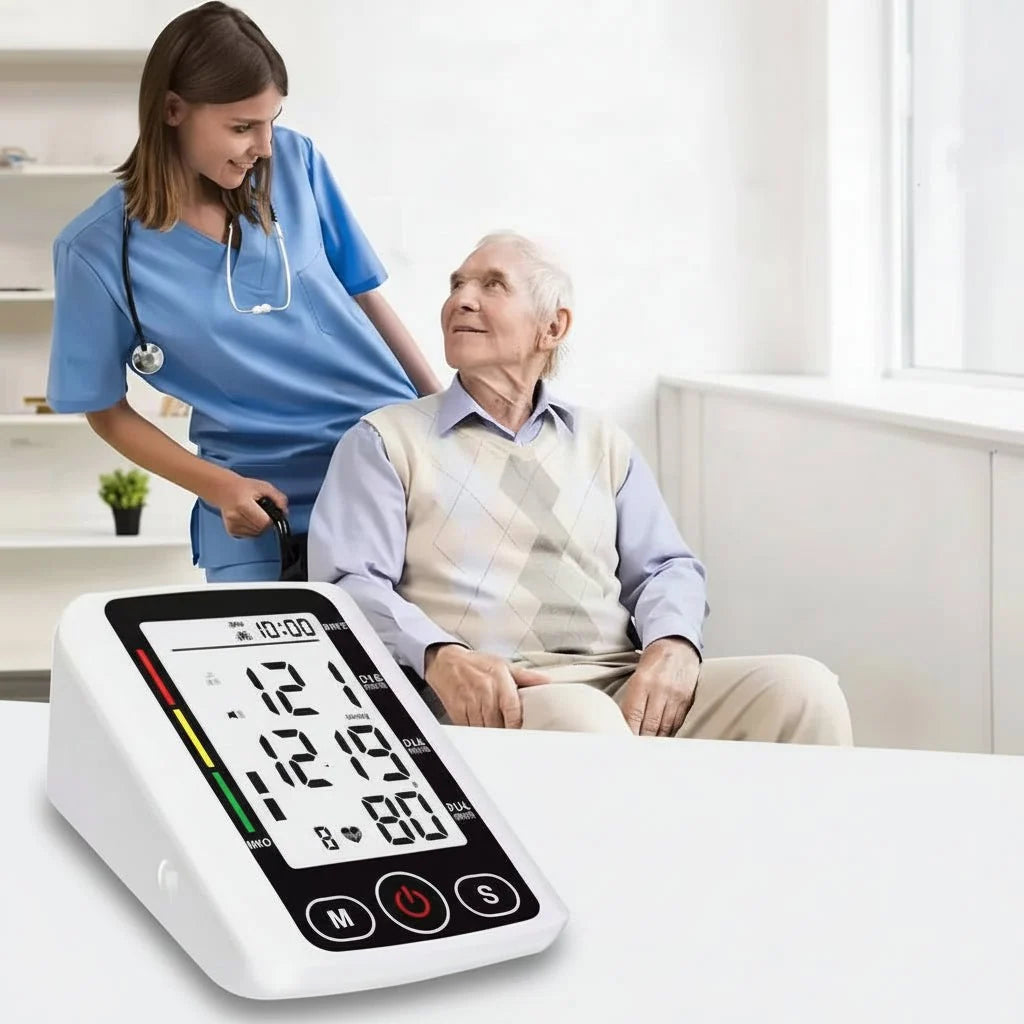NOUVEAU RICHE Blutdruckmessgerät Oberarm – Digitales Blutdruckmessgerät mit grossem beleuchtetem Display, Speicher & Manschette, Batterie oder Akku