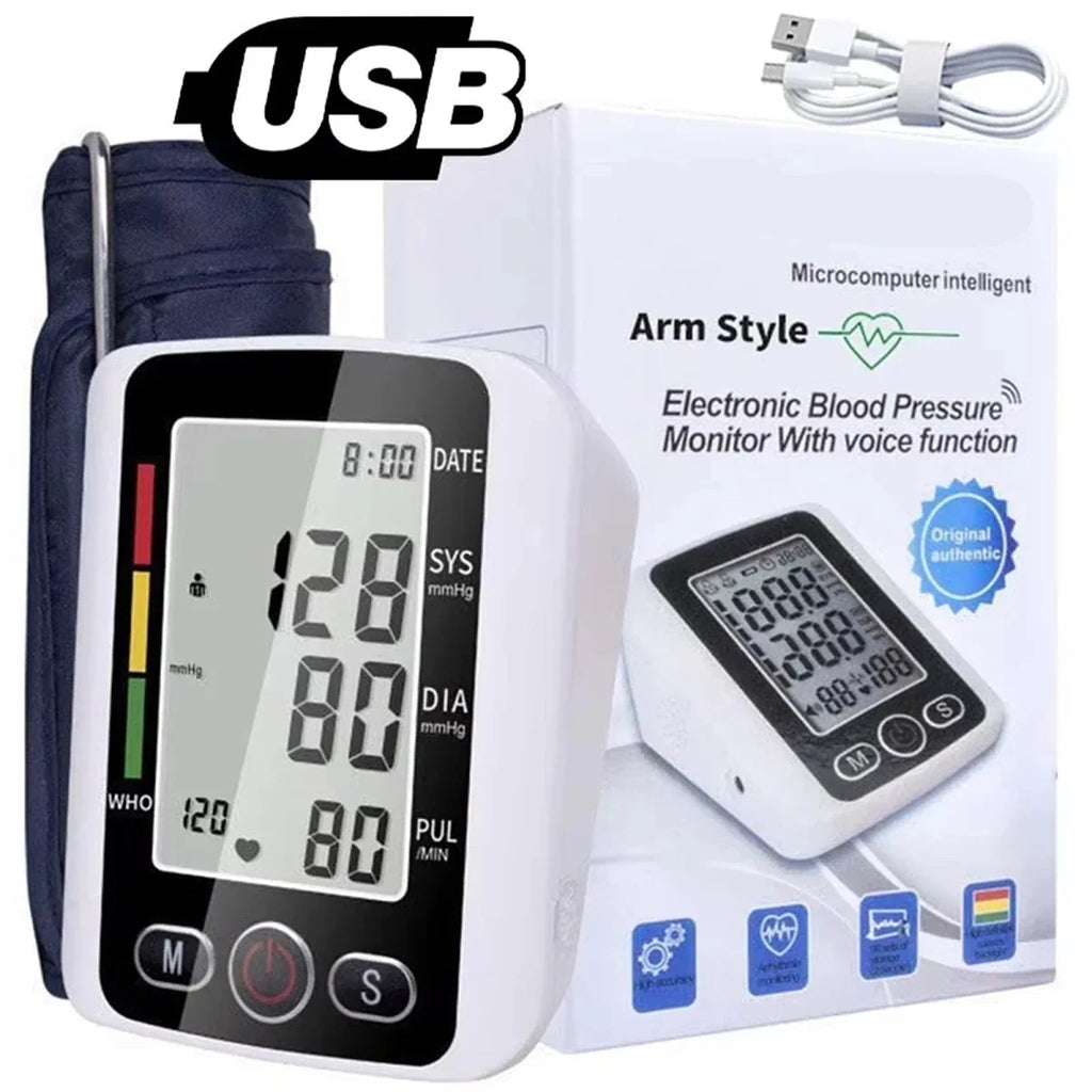 NOUVEAU RICHE Blutdruckmessgerät Oberarm – Digitales Blutdruckmessgerät mit grossem beleuchtetem Display, Speicher & Manschette, Batterie oder Akku Weiss (ohne Sprachausgabe)