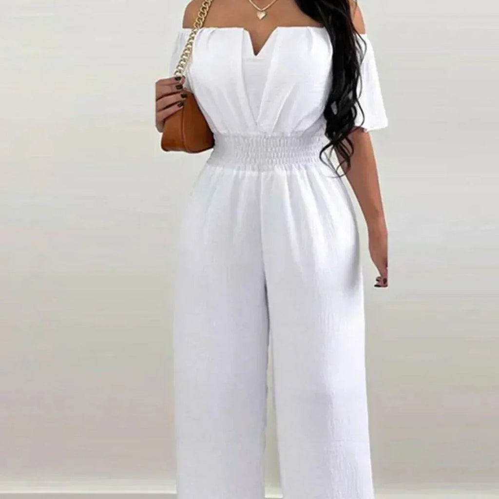 NOUVEAU RICHE Schulterfreier Jumpsuit Mit Kurzen Ärmeln Für Damen Lina In Eleganter Silhouette Und Bequemem Design Weiß
