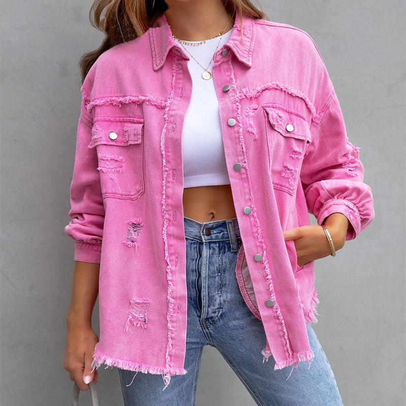 NOUVEAU RICHE Damen Jeansjacke Tattered Denim-Jacke Zerschlissene Rosa