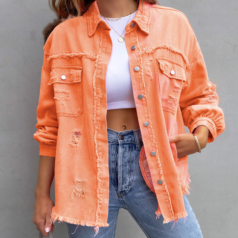 NOUVEAU RICHE Damen Jeansjacke Tattered Denim-Jacke Zerschlissene Orange