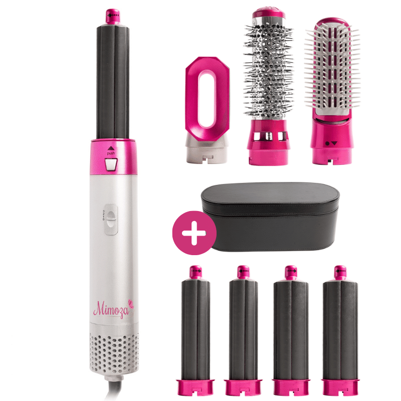 NOUVEAU RICHE 7-in-1 Föhnbürste & Luftstyler – 1000W Ionen Airstyler mit Lock-, Glätt-, Diffusor- & Volumenaufsätzen – Lyra Pink Leder-Aufbewahrungsetui