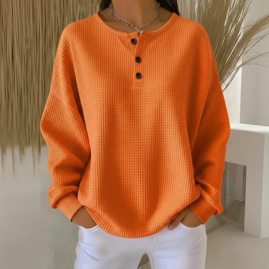 Zahara | Damen Waffelstrick Sweatshirt mit Knopfleiste - Bequemer Henley Pullover mit Waffelmuster & Langarm, Weicher Casual Strickpullover