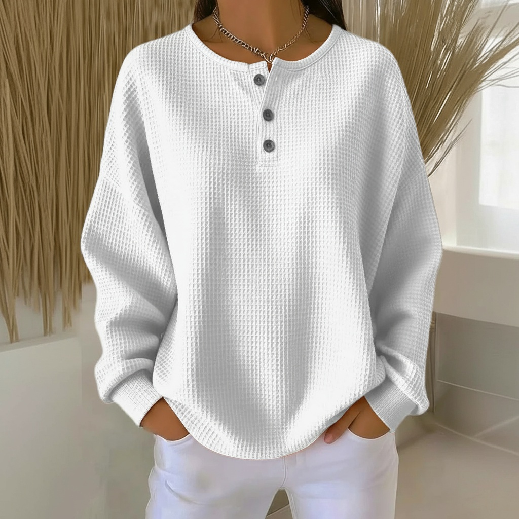 Zahara | Damen Waffelstrick Sweatshirt mit Knopfleiste - Bequemer Henley Pullover mit Waffelmuster & Langarm, Weicher Casual Strickpullover