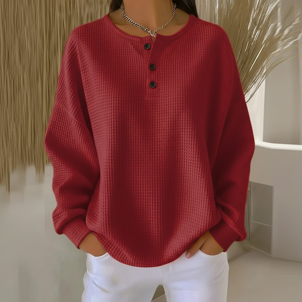 Zahara | Damen Waffelstrick Sweatshirt mit Knopfleiste - Bequemer Henley Pullover mit Waffelmuster & Langarm, Weicher Casual Strickpullover