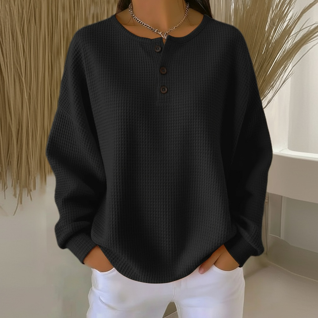 Zahara | Damen Waffelstrick Sweatshirt mit Knopfleiste - Bequemer Henley Pullover mit Waffelmuster & Langarm, Weicher Casual Strickpullover