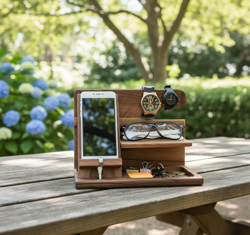 NOUVEAU RICHE Schreibtisch-Organizer – Holz Schreibtisch Organizer & Ladestation-Ablage für Handy, Brille & Uhr