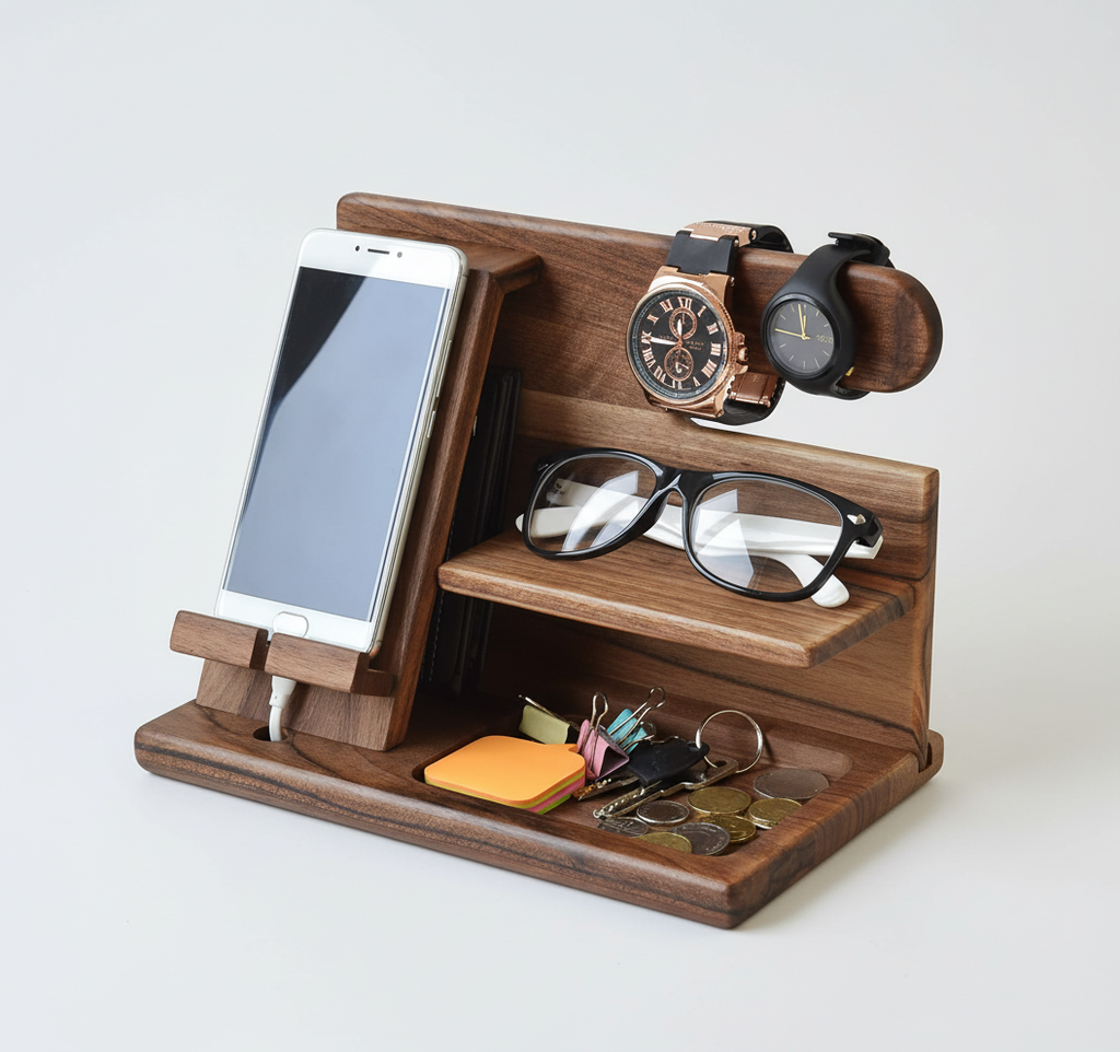 NOUVEAU RICHE Schreibtisch-Organizer – Holz Schreibtisch Organizer & Ladestation-Ablage für Handy, Brille & Uhr