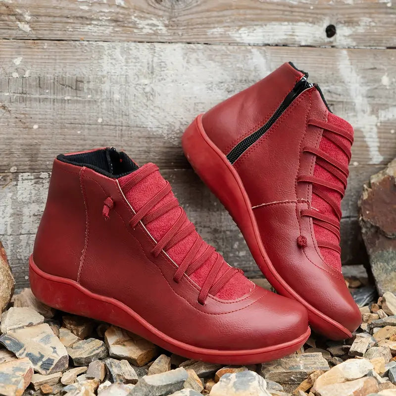 NOUVEAU RICHE Lederschuhe Mit Reißverschluss Bequemes Und Langlebiges Design Für Damen Ideal Für Ganztägigen Tragekomfort Rot