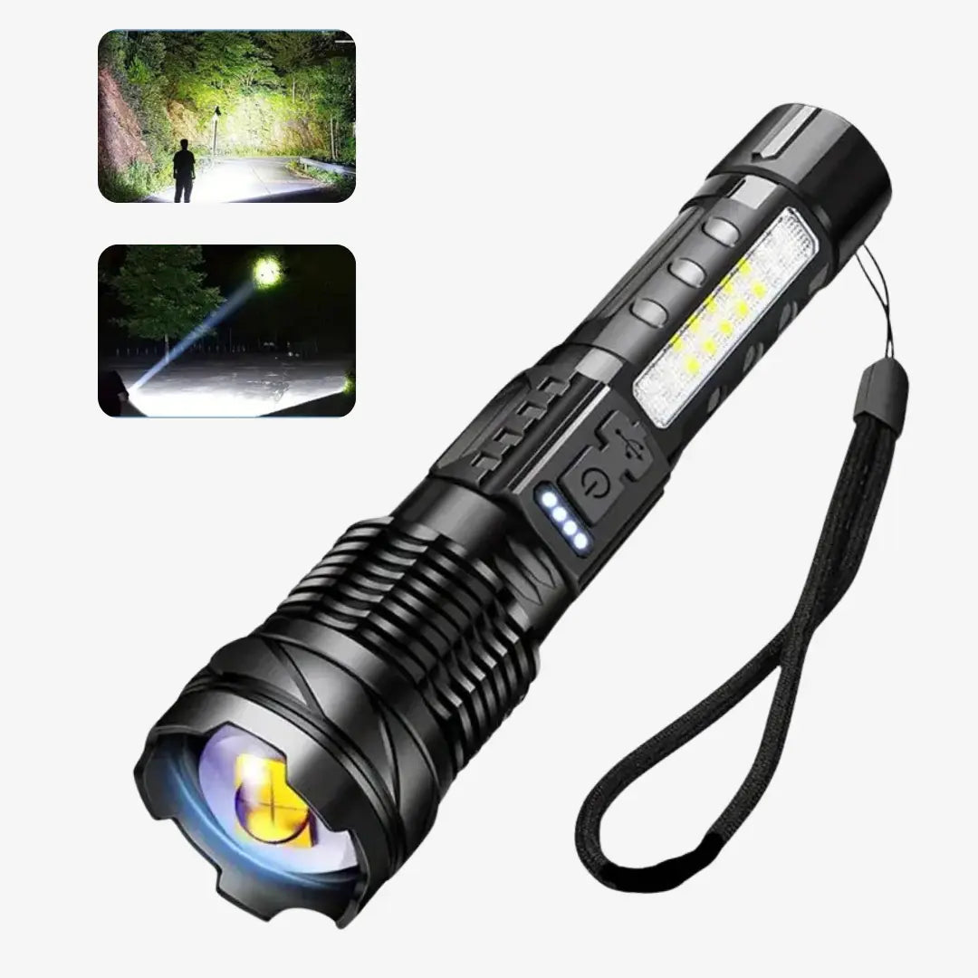 NOUVEAU RICHE Ultrahelle Militär-Taschenlampe – Aufladbare LED-Taschenlampe mit XHP50, 7 Leuchtmodi, Aluminium, für Camping & Notfälle – PowerBeam