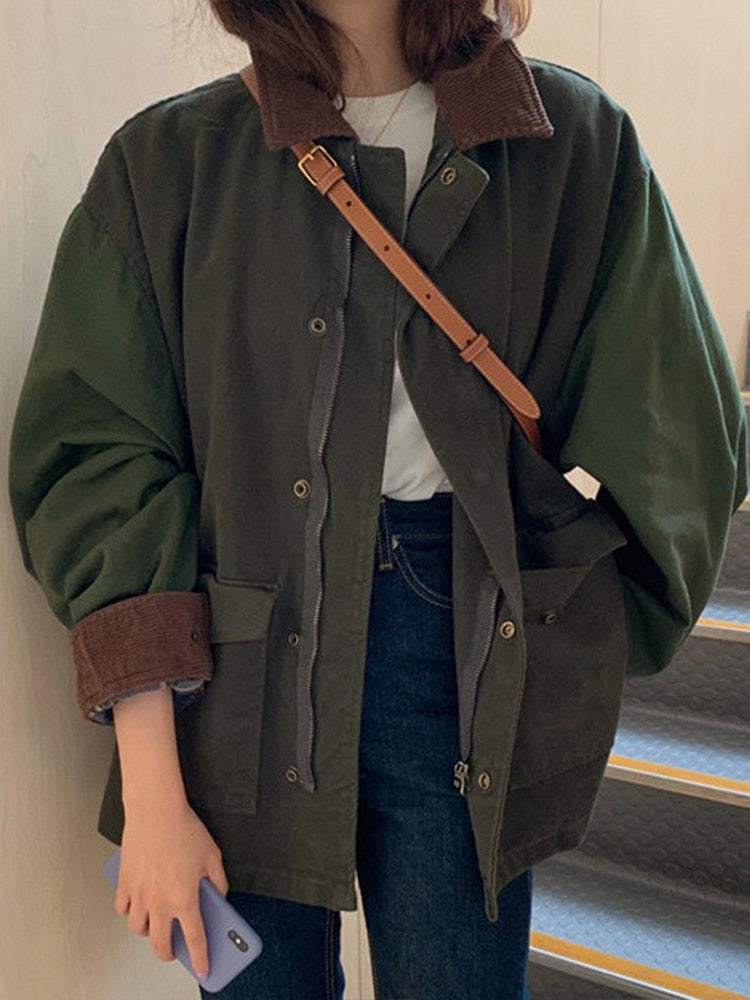 NOUVEAU RICHE Oversize Damenjacke Winterjacke Warm Gefüttert Kapuze Armeegrün