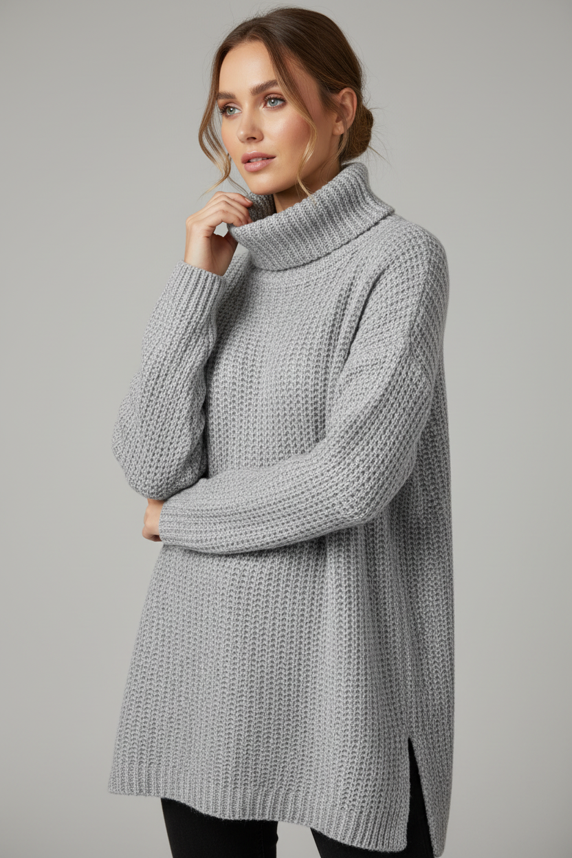 Damen Oversized-Rollkragenpullover Kuscheliger Grobstrickpullover Schwarz Grau