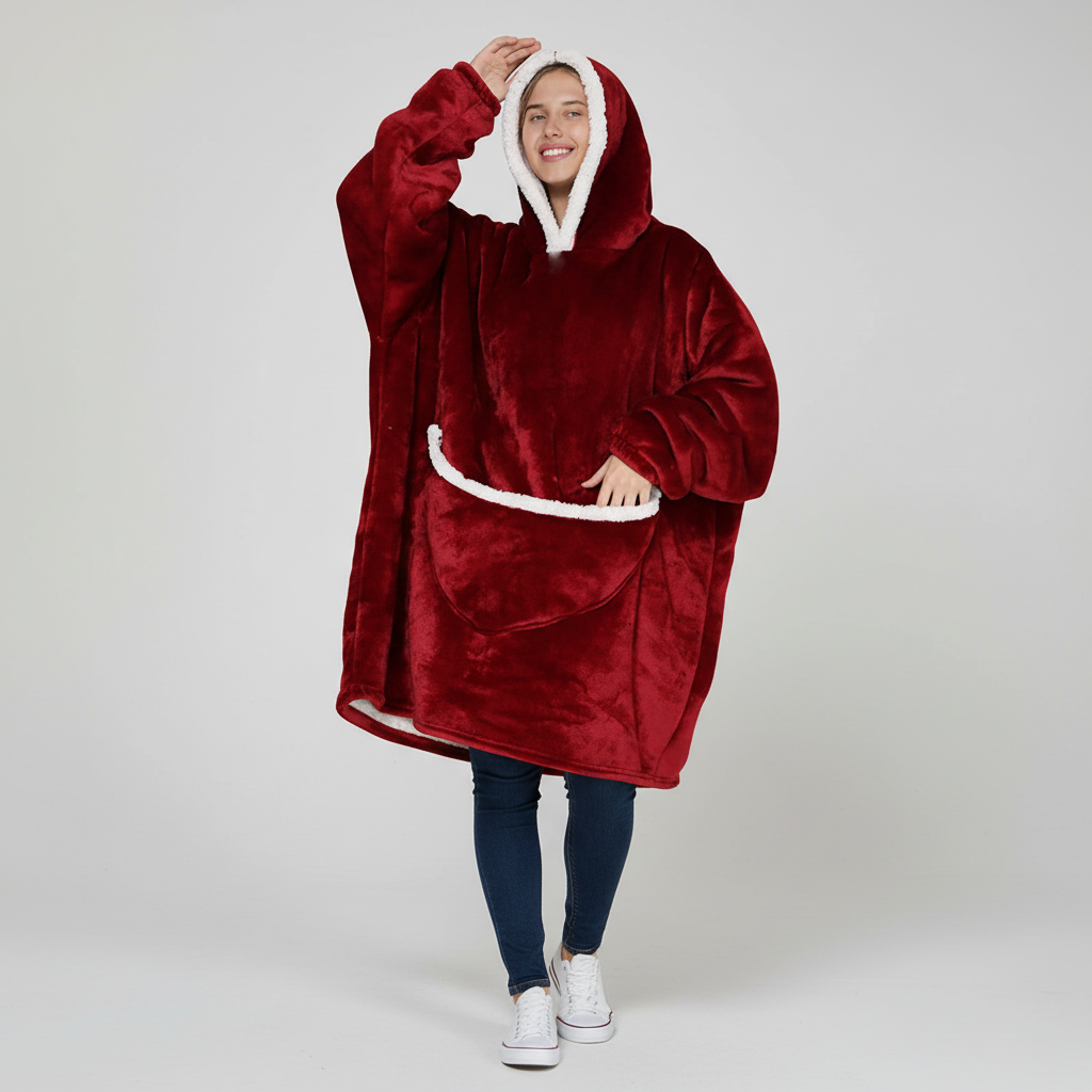 NOUVEAU RICHE Übergrosse Fleecedecke mit Kapuze – Tragbare Kuscheldecke Hoodie mit Taschen, Einhorn & Regenbogen Designs, 7 Farben – SnuggleHood Rot