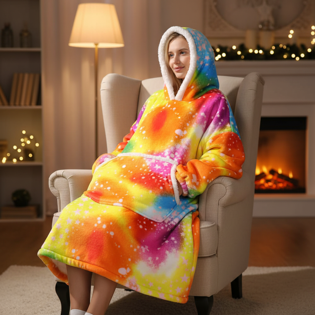 NOUVEAU RICHE Übergrosse Fleecedecke mit Kapuze – Tragbare Kuscheldecke Hoodie mit Taschen, Einhorn & Regenbogen Designs, 7 Farben – SnuggleHood