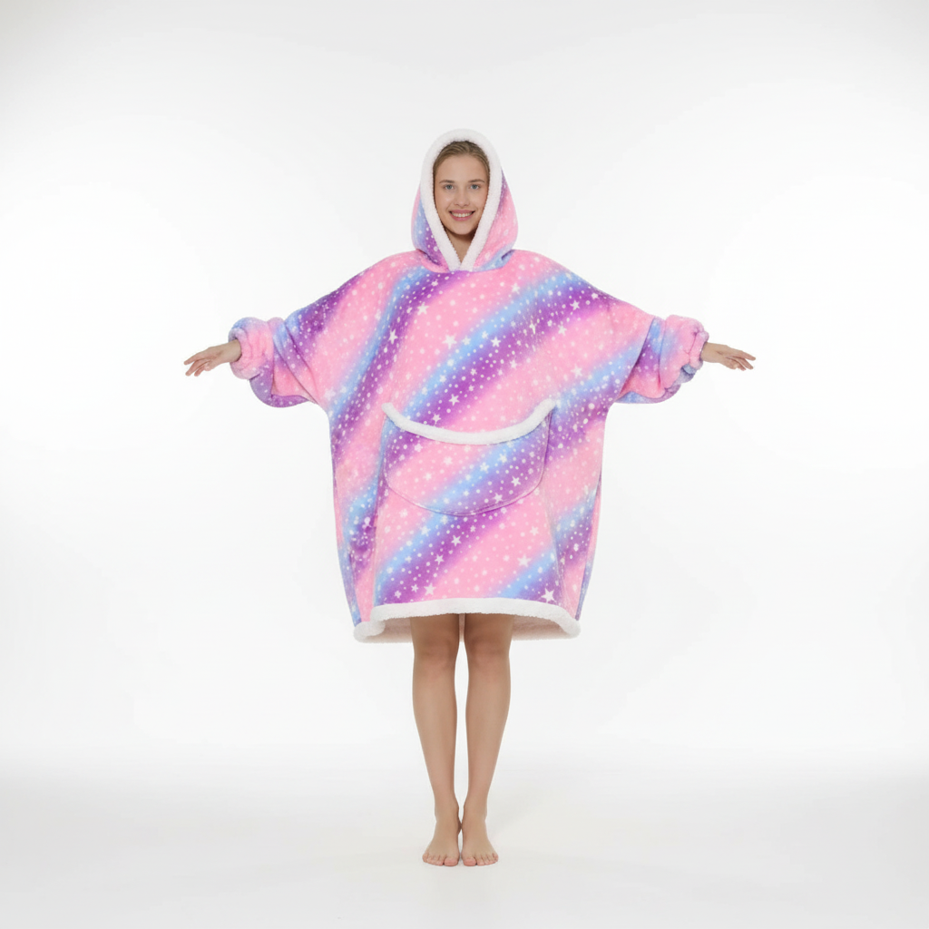 NOUVEAU RICHE Übergrosse Fleecedecke mit Kapuze – Tragbare Kuscheldecke Hoodie mit Taschen, Einhorn & Regenbogen Designs, 7 Farben – SnuggleHood Regenbogen-Einhorn