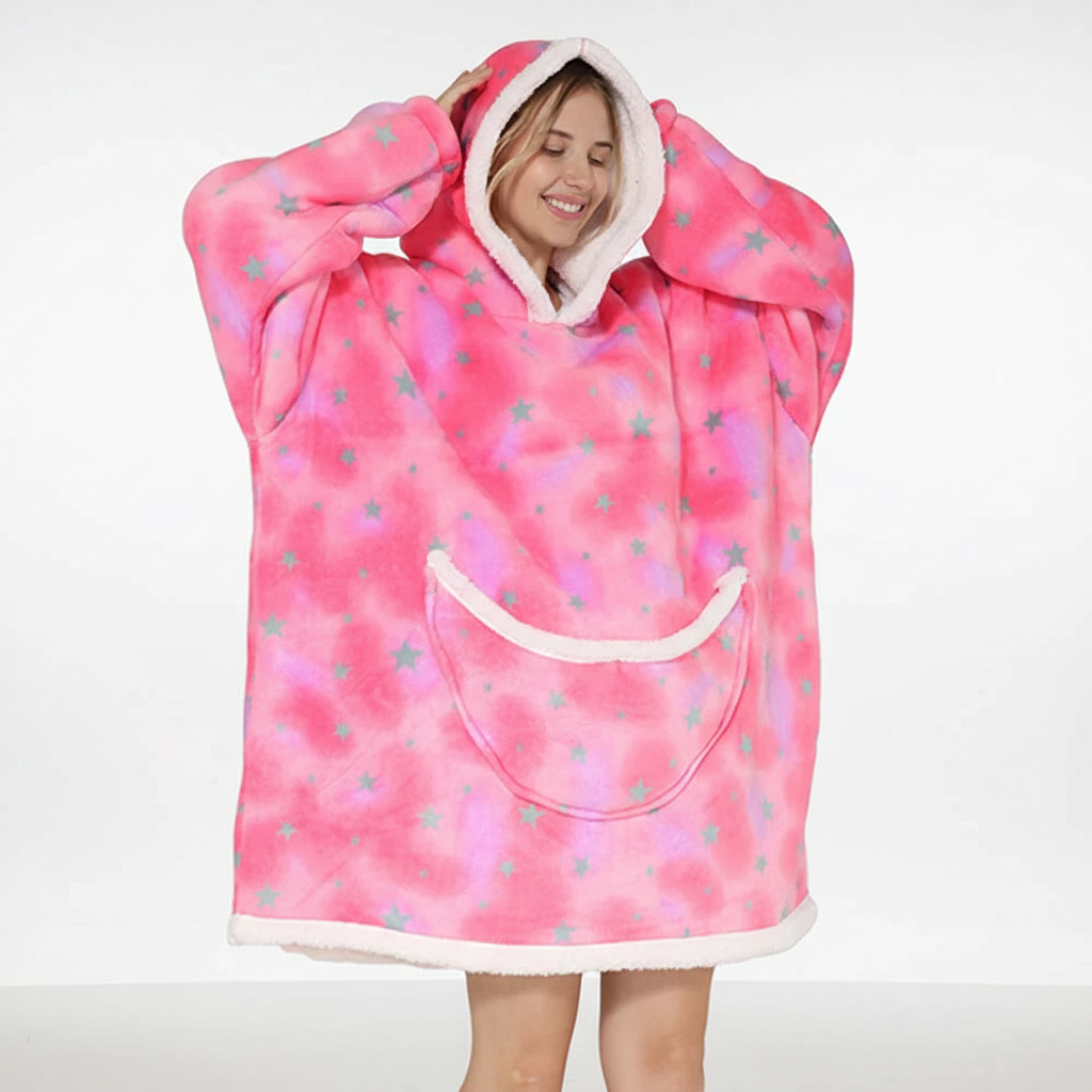 NOUVEAU RICHE Übergrosse Fleecedecke mit Kapuze – Tragbare Kuscheldecke Hoodie mit Taschen, Einhorn & Regenbogen Designs, 7 Farben – SnuggleHood Pink