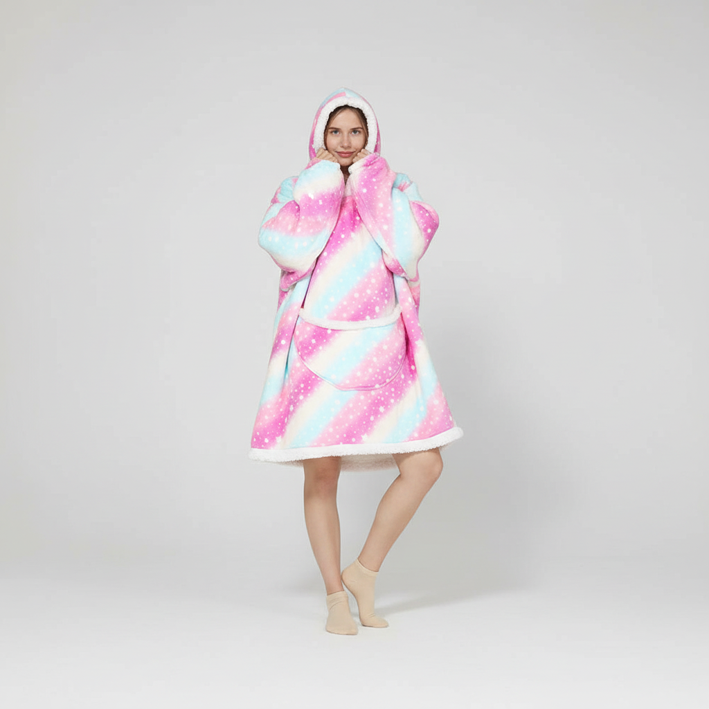 NOUVEAU RICHE Übergrosse Fleecedecke mit Kapuze – Tragbare Kuscheldecke Hoodie mit Taschen, Einhorn & Regenbogen Designs, 7 Farben – SnuggleHood Weiss-Pink