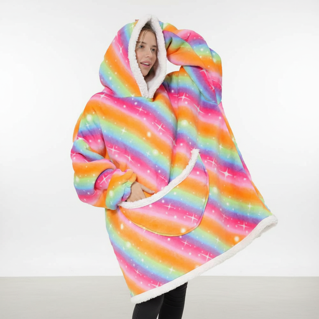 NOUVEAU RICHE Übergrosse Fleecedecke mit Kapuze – Tragbare Kuscheldecke Hoodie mit Taschen, Einhorn & Regenbogen Designs, 7 Farben – SnuggleHood Regenbogen