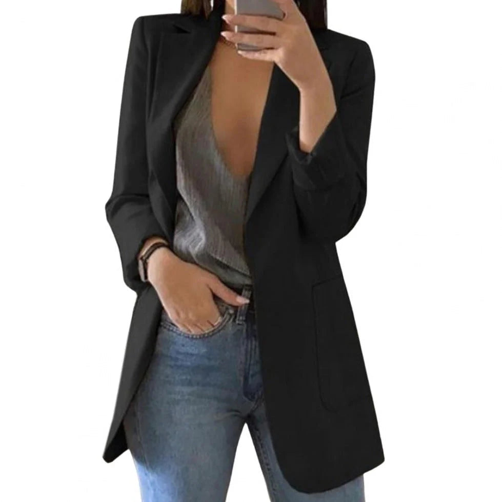 NOUVEAU RICHE Amore | Langer Damen-Blazer – Formell figurbetonter Schnitt, strukturierte architektonische Webung & skandinavische Business-Eleganz Schwarz