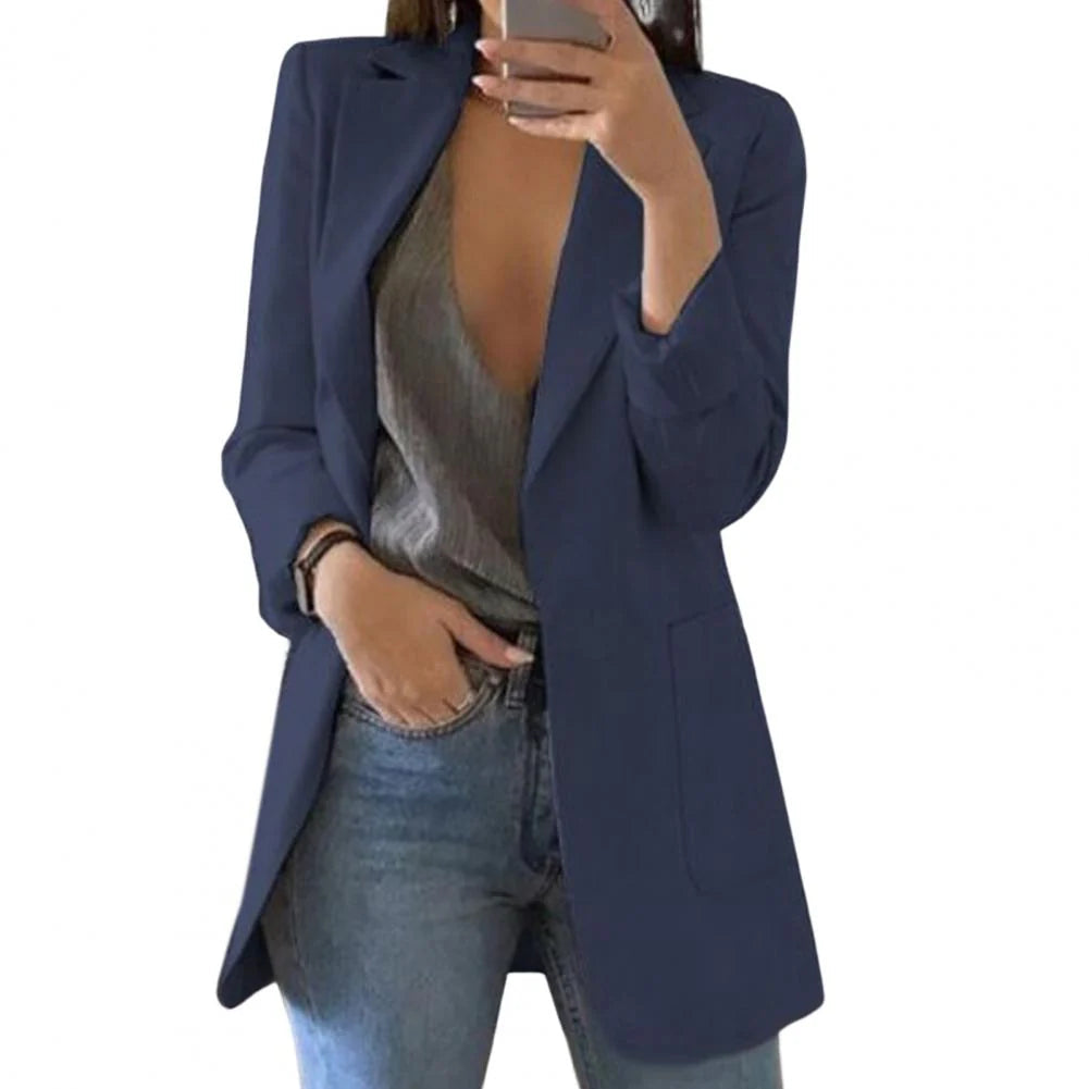NOUVEAU RICHE Amore | Langer Damen-Blazer – Formell figurbetonter Schnitt, strukturierte architektonische Webung & skandinavische Business-Eleganz Marineblau