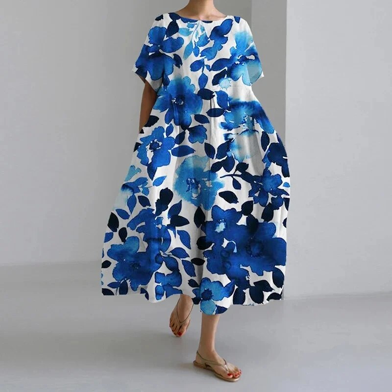 NOUVEAU RICHE Kleid Damen Bedrucktes Baumwollkleid Blumendruck Sommer Blick aufs Meer