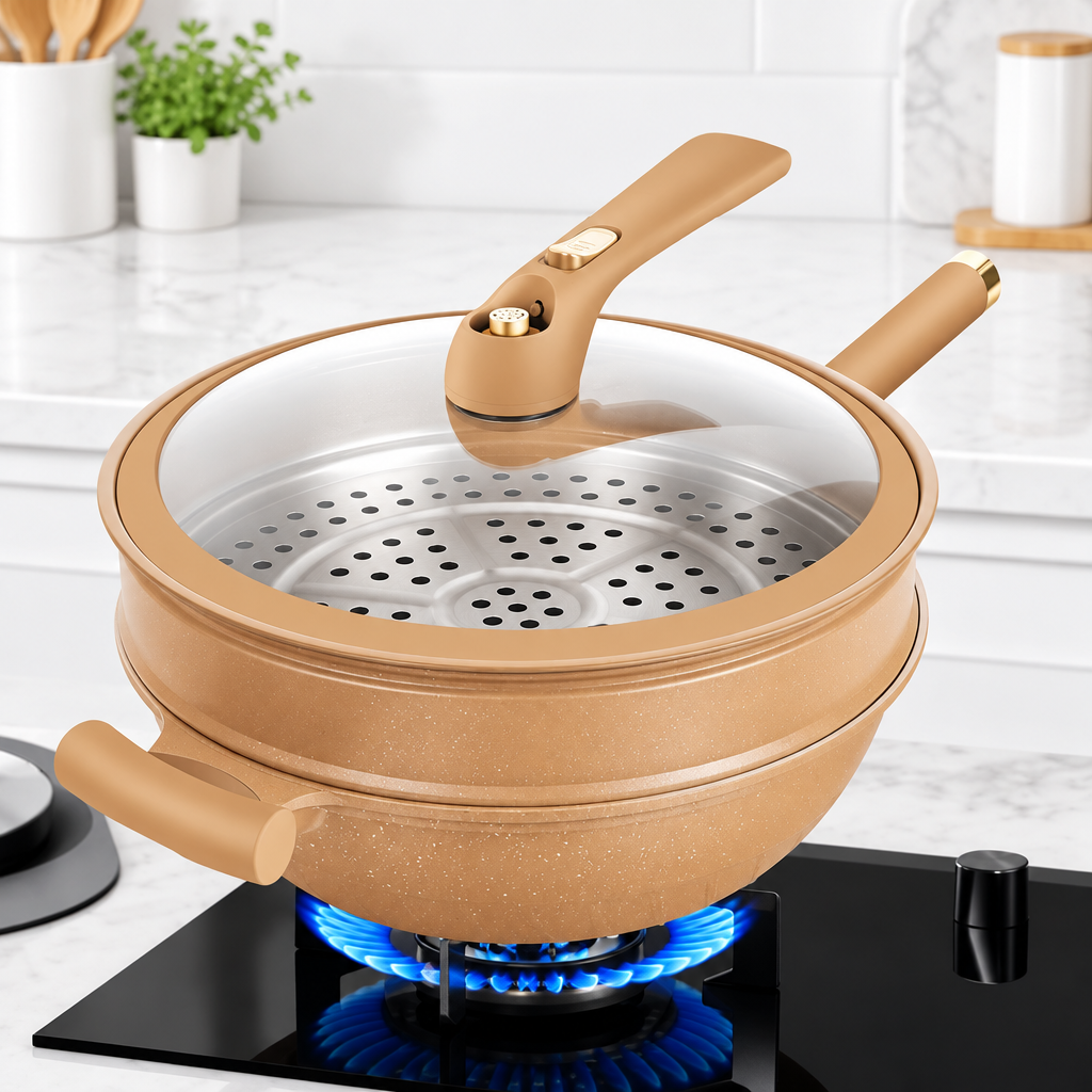NOUVEAU RICHE Multifunktionale Wokpfanne mit Antihaftbeschichtung – Wok zum Pfannenrühren, Dämpfen & Schmoren, mit weniger Öl – CookFlex