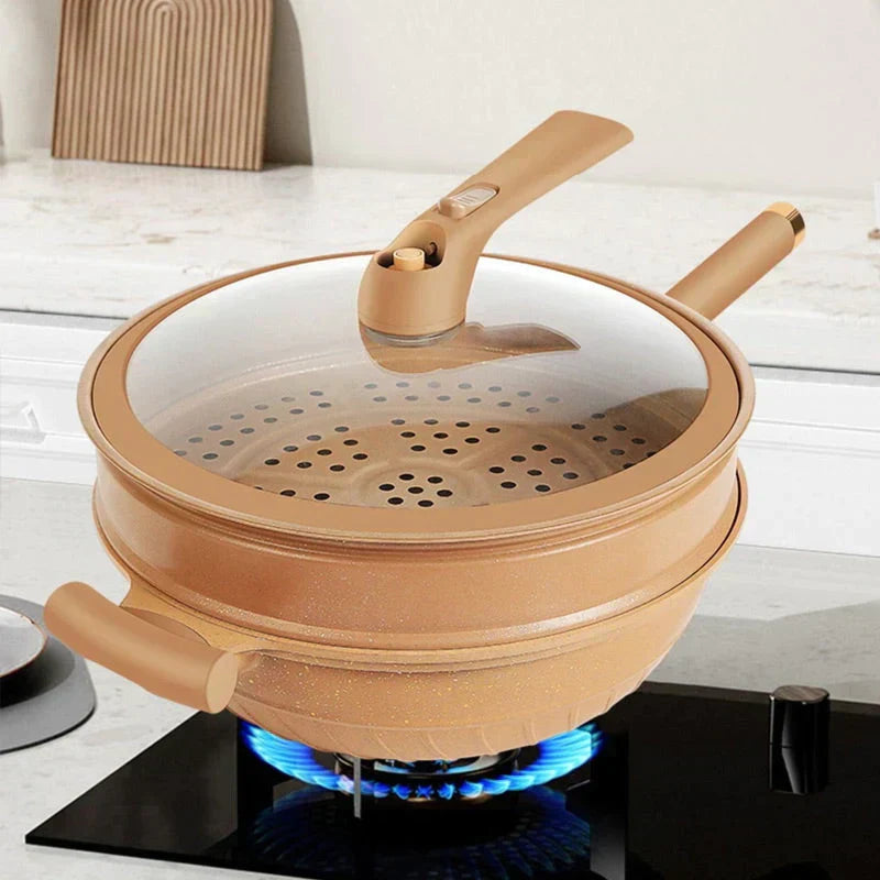 NOUVEAU RICHE Multifunktionale Wokpfanne mit Antihaftbeschichtung – Wok zum Pfannenrühren, Dämpfen & Schmoren, mit weniger Öl – CookFlex