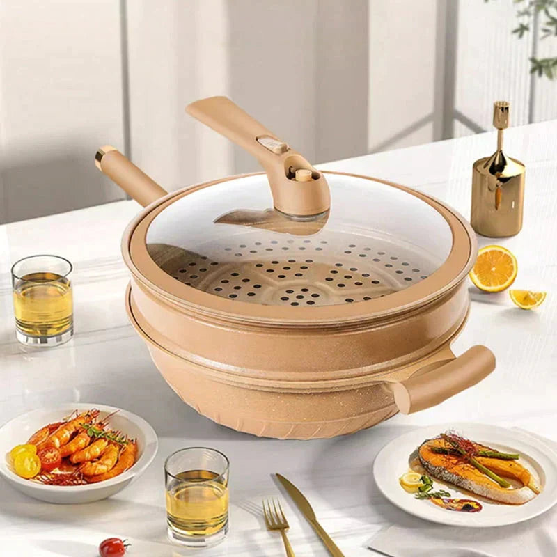 NOUVEAU RICHE Multifunktionale Wokpfanne mit Antihaftbeschichtung – Wok zum Pfannenrühren, Dämpfen & Schmoren, mit weniger Öl – CookFlex