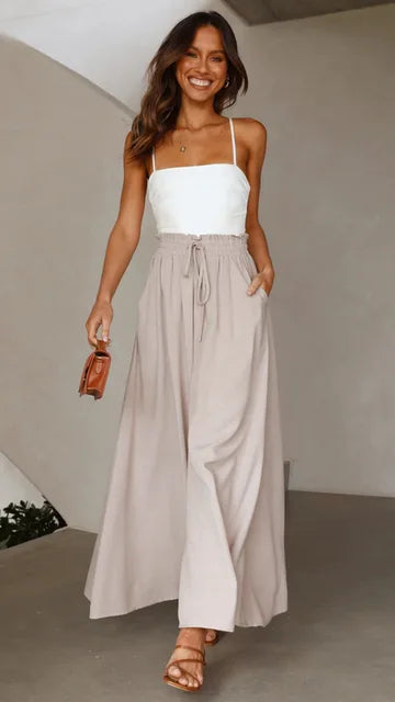 NOUVEAU RICHE Palazzo-Hose Für Damen Mit Hoher Taille Weitem Bein Elastischem Kordelzug Und Volle Länge Komfortable Mode Für Jedes Outfit Beige