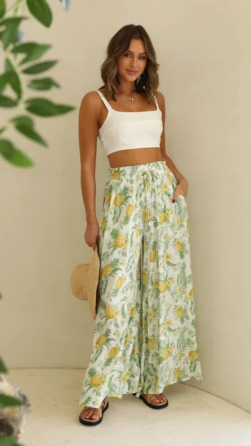 NOUVEAU RICHE Palazzo-Hose Für Damen Mit Hoher Taille Weitem Bein Elastischem Kordelzug Und Volle Länge Komfortable Mode Für Jedes Outfit Ananas-Print